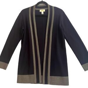 Talbots Merino Wool Open Cardigan Sweater Womens Small Petite Navy Grey Nautical